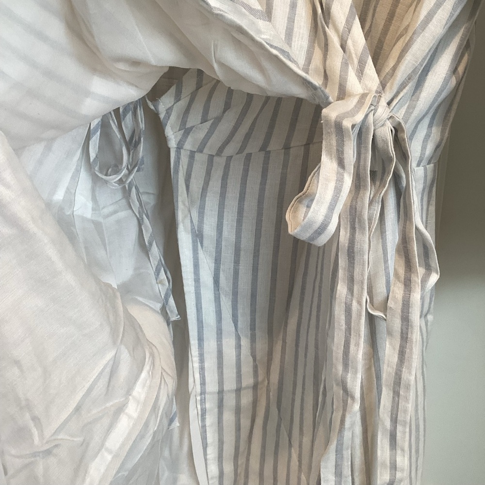 Anthropologie Maeve Tiered Linen Asymmetrical Wrap Dress NEW Large Grey Stripe - Picture 9 of 15